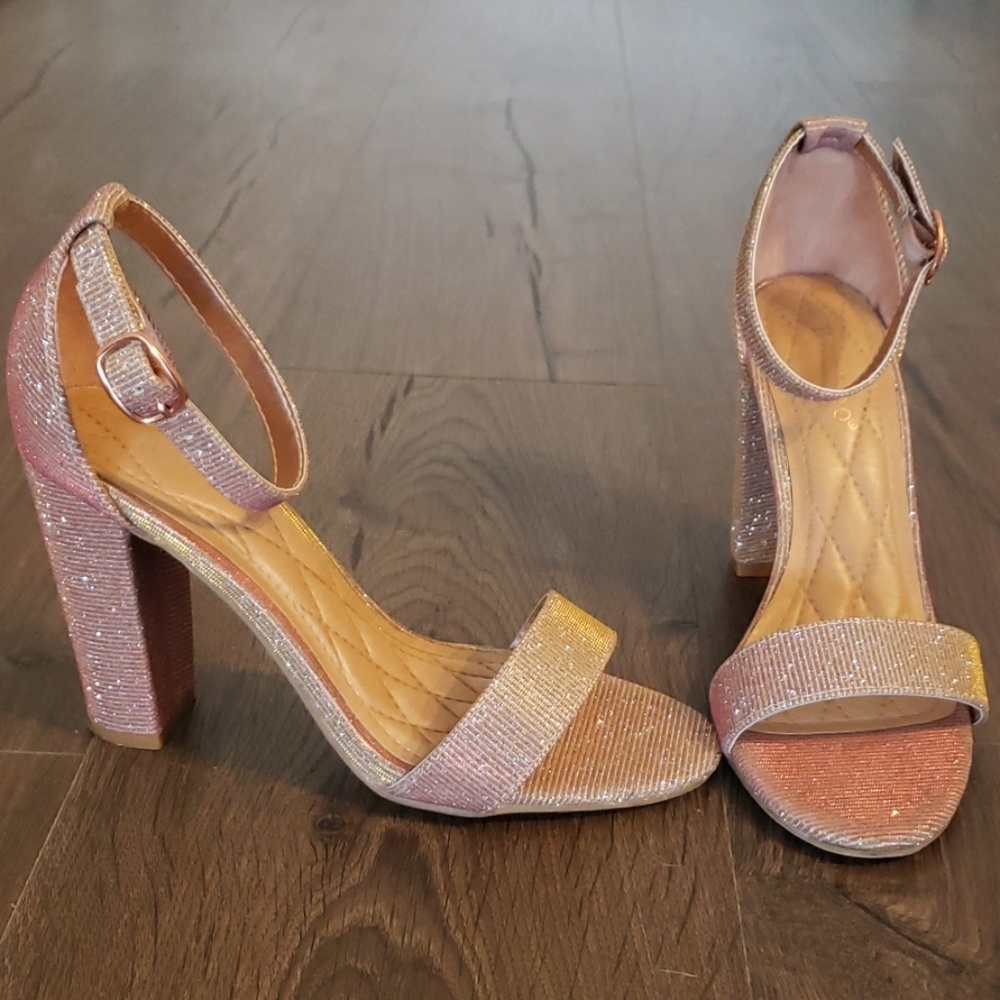 Sparkly Blush & Rose Gold Block Heel Sandals